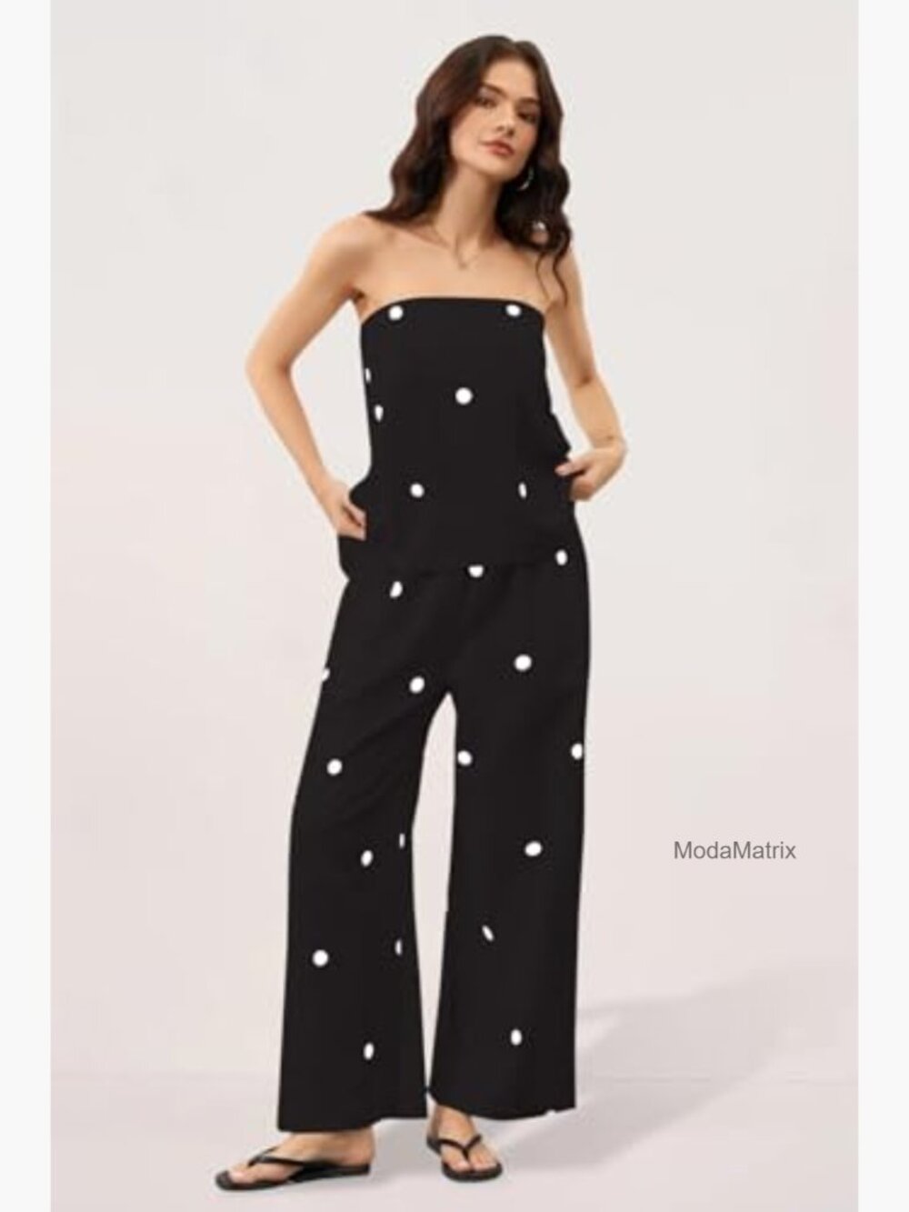 Strapless Tube Top Wide Leg Pants Set Polka Dot Casual Lounge - Picture 2 of 6